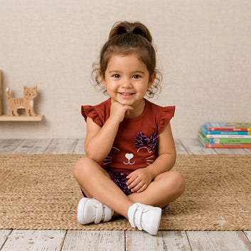 Girls Cute Cat Print Summer Outfit – Rust Top & Printed Shorts Set